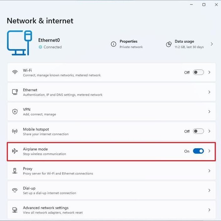 Airplane mode on Windows 11